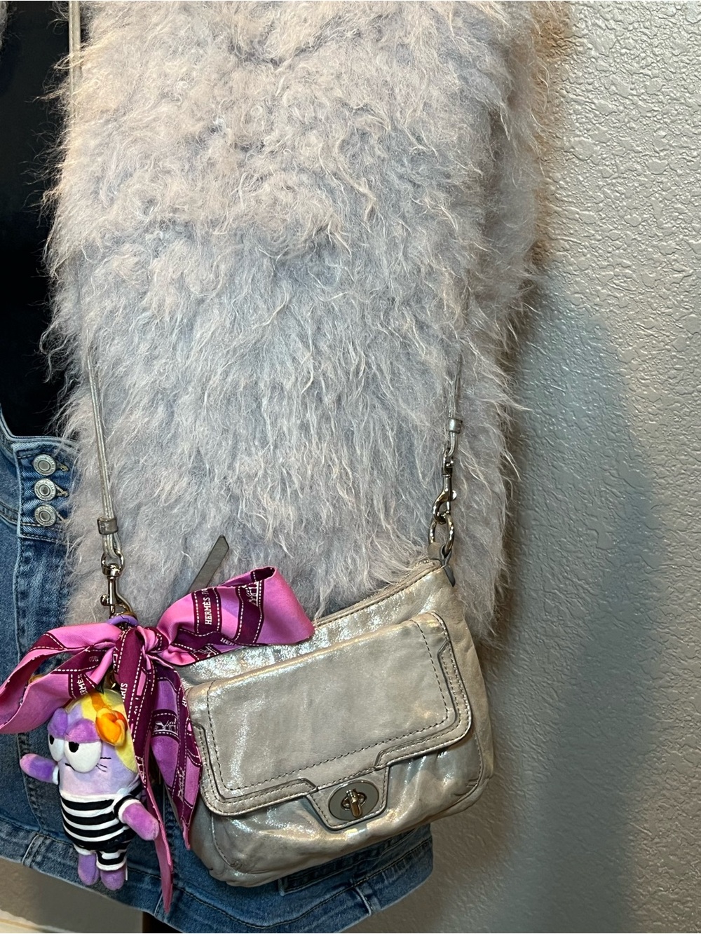 Coach POPPY Metallic Silver Crossbody with Pink Scarf Accent